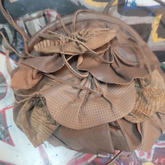 Brown Leather Ruffle Handbag Boho Chic Floral Accent Purse, Vintage-inspired - Picture 4 of 12